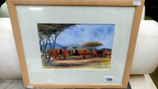 A watercolour African scene signed but indistinct and embossment to picture - Aquarelle Montual