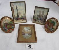 2 small paintings of London scenes signed Maria Eaton and 3 small framed embroidered pictures