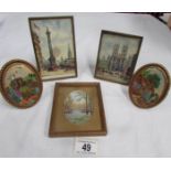 2 small paintings of London scenes signed Maria Eaton and 3 small framed embroidered pictures