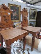 2 oak hall chairs with shield backs