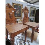 2 oak hall chairs with shield backs