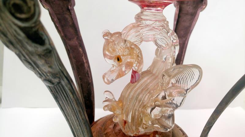 An Edwardian Murano glass bowl in metal stand and surmounted with dragons A/F - Image 9 of 14