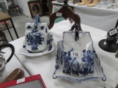 2 blue and white cheese dishes