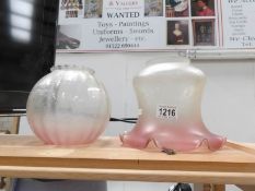 2 etched pink edged glass oil lamp shades