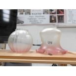 2 etched pink edged glass oil lamp shades