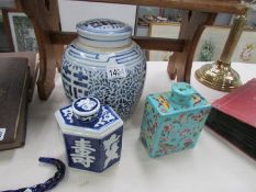 A Chinese ginger jar and 2 Chinese lidded pots