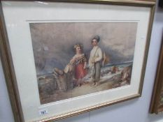 A framed and glazed watercolour of 2 children on the beach