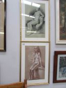 A pair of studio stamped 1950's coloured graphite drawings of nudes by John Hall