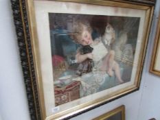 A nostalgic print of child with puppy and kitten