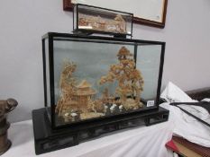 2 cork diorama's of Chinese garden featuring pavilion