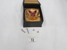 A jewel set butterfly trinket box and 2 pairs of earrings