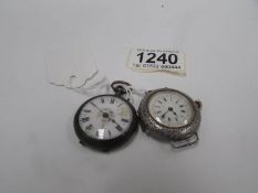 A ladies silver fob watch and a ladies silver wrist watch (no strap)