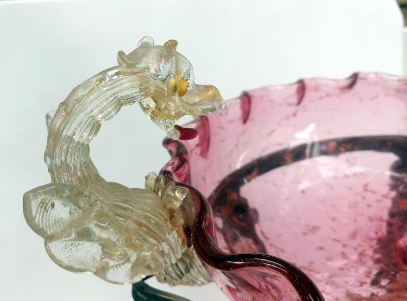 An Edwardian Murano glass bowl in metal stand and surmounted with dragons A/F - Image 7 of 14