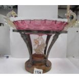 An Edwardian Murano glass bowl in metal stand and surmounted with dragons A/F