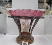 An Edwardian Murano glass bowl in metal stand and surmounted with dragons A/F