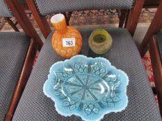 2 coloured glass vases and a bowl