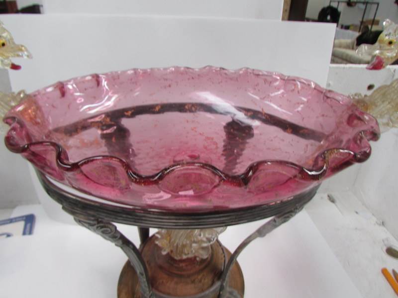 An Edwardian Murano glass bowl in metal stand and surmounted with dragons A/F - Image 4 of 14