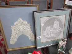 A framed and glazed lace head dress and Nottingham lace panel