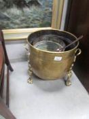 A brass log bin and 2 other items