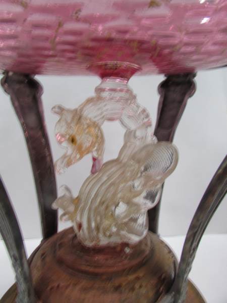 An Edwardian Murano glass bowl in metal stand and surmounted with dragons A/F - Image 2 of 14