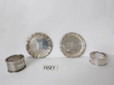 2 silver pin trays/coasters and 2 silver napkin rings