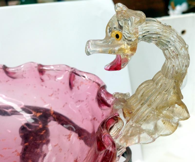 An Edwardian Murano glass bowl in metal stand and surmounted with dragons A/F - Image 13 of 14