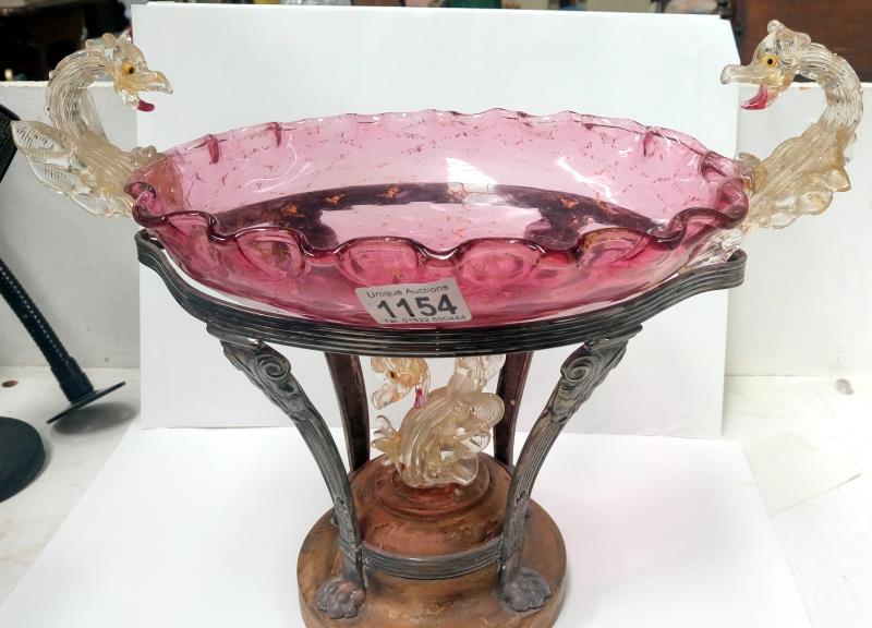 An Edwardian Murano glass bowl in metal stand and surmounted with dragons A/F - Image 5 of 14