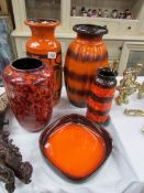 4 orange tones West German pottery vases (various sizes from 28 to 40 cm) and a West German pottery