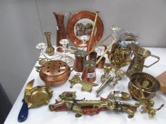A mixed lot of silver plate and brassware including measures, horn,