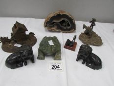 2 mineral rocks surmounted brass figure, a pair of stone lions,