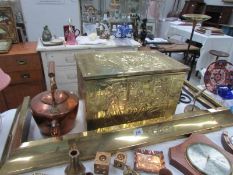 A brass log bin, brass fender,