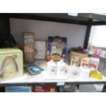 A shelf of miscellaneous including Beauty and the Beast butter dish,
