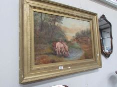 An oil on canvas depicting horses drinking in a stream