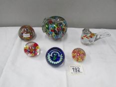6 glass paperweights including millifiori