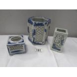 3 oriental blue and white flower pots