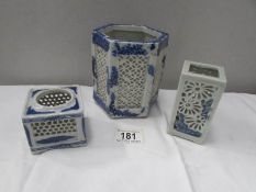 3 oriental blue and white flower pots