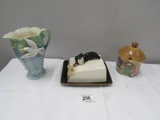 An unusual Sylvac cat and mouse butter dish,