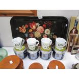 5 Jamie Oliver cheeky mugs in tins and a floral decorated tray