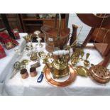 A copper coal scuttle together with a mixed lot of brass and copper etc