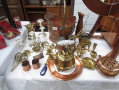 A copper coal scuttle together with a mixed lot of brass and copper etc