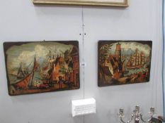 A pair of wood panels depicting nautical scenes