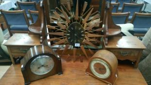 2 oak mantel clocks and a retro wall clock