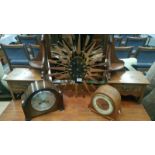 2 oak mantel clocks and a retro wall clock