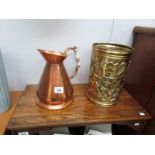 A copper jug and a brass bin