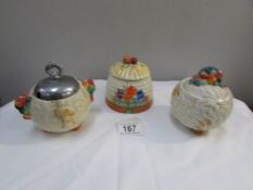 3 Clarice Cliff jam pots