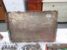 A large silver plate on copper tray