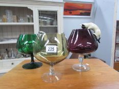 2 large coloured glass brandy/fish bowls (2 with cats hanging from side)