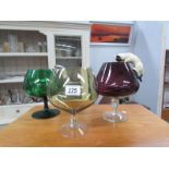 2 large coloured glass brandy/fish bowls (2 with cats hanging from side)
