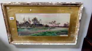 A late Victorian watercolour rural scene of father and daughter with geese