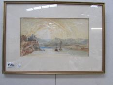 A framed and glazed watercolour river scene,